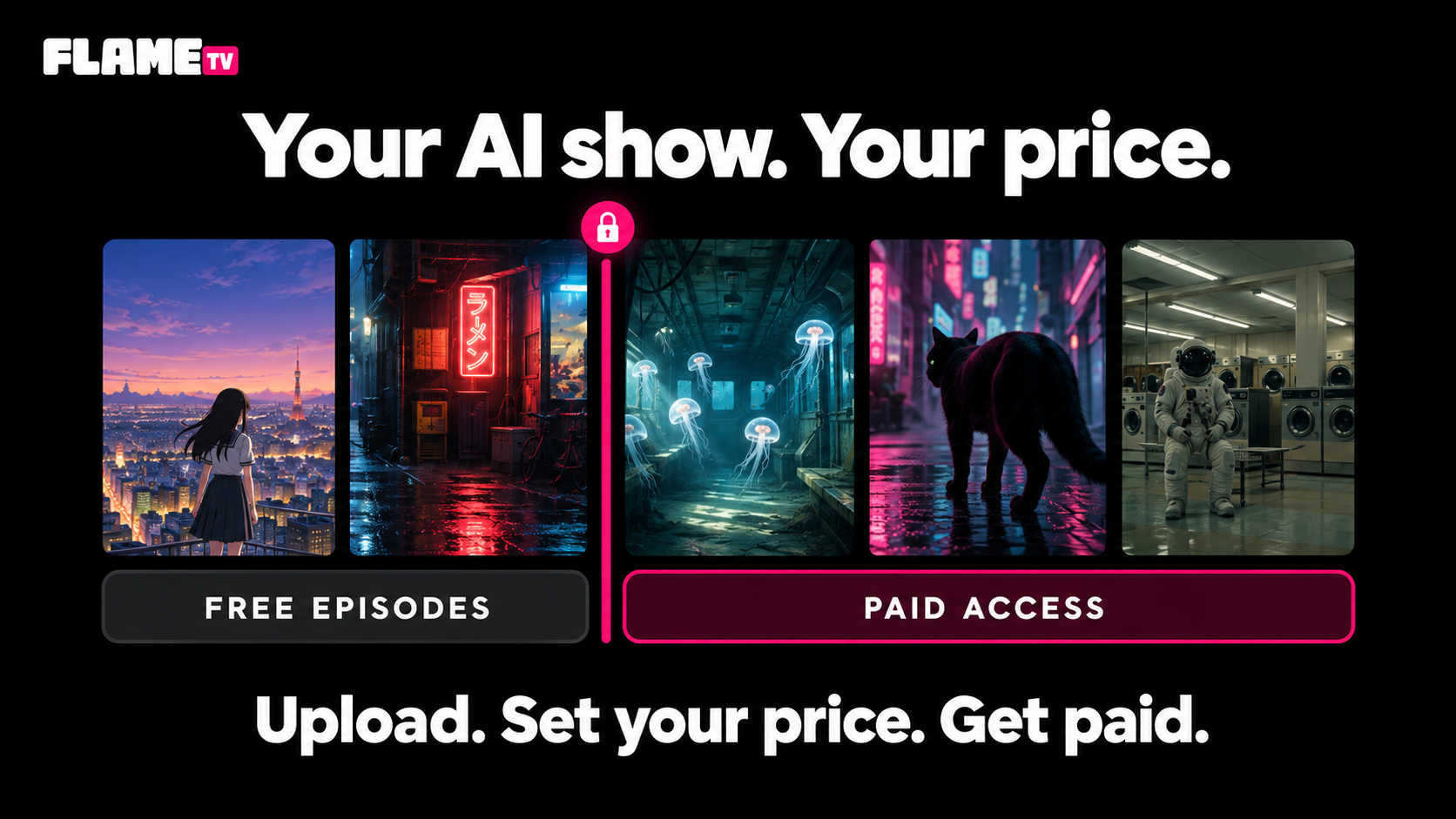 Flame: Your AI show. Your price. Free episodes lead into paid access.